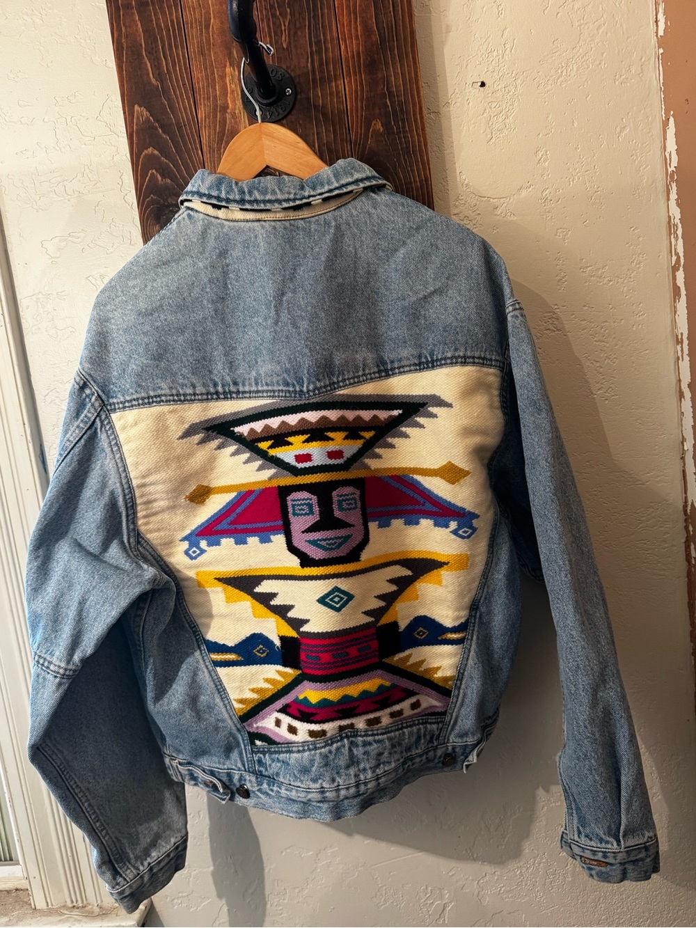 Denim jean jacket with large Aztec embroidered patch on back size L